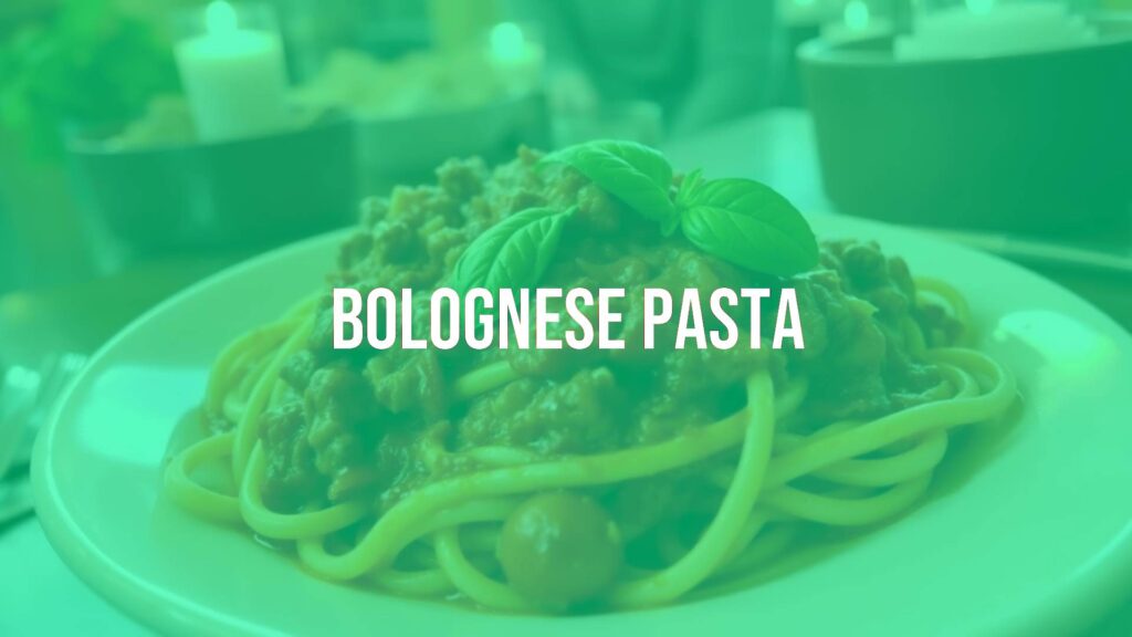 A steaming plate of Bolognese pasta with rich meat sauce, garnished with fresh basil, rustic Italian style, warm and inviting lighting.